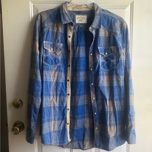 BKE Vintage men’s blue plaid pearl snap standard fit  button down shirt size XL